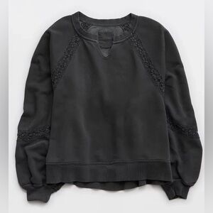 Aerie Hey Crochet Sweatshirt, Medium, Charcoal Gray